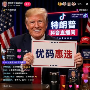 特朗普抖音直播间：举着牌子  优码惠选